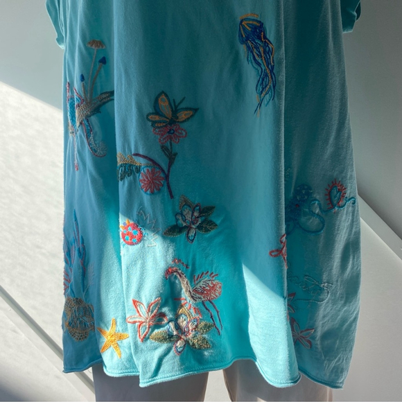 Johnny Was Zoe Relaxed Embroidered Short Sleeve Tee Shirt Blue Green Size L - Picture 8 of 16